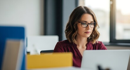 Focused Businesswoman Working on Laptop in Modern Office.
