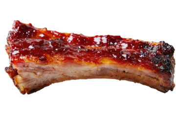 Close-up view of a succulent, glazed section of barbecued ribs, showing meat and bone