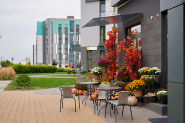 outdoor cafe setting with chairs and tables surrounded by vibrant autumn flowers and pumpkins. modern apartment buildings in background create urban garden ambiance