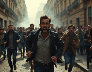 Terrified man screams in panic running away. Large crowd of people flees in chaos down city street. Scared group escapes from danger with expressions of horror. Frantic mob runs together from unseen