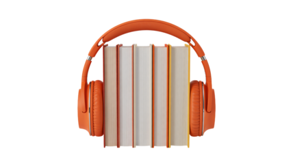 Orange headphones embracing a stack of colorful books