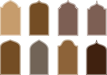 set of wooden Islamic door and window shape. Muslim architecture geometric design for label