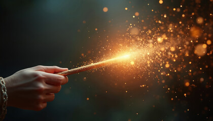 Hand holds golden glittery magic wand. Bright light, golden particles burst from tip creating dynamic spell effect. Mystical enchantment shown with glowing bokeh against dark, blurred background.