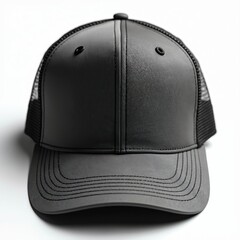 Naklejka premium Dark grey trucker cap mockup on white background. Clean design showcases a blank snapback hat suitable for branding and advertising. This isolated object is ideal for apparel design projects.