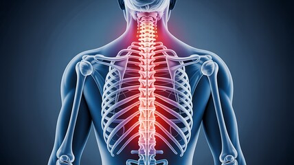 Human spine and skeleton anatomy with highlighted spinal pain
