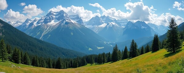 Panoramic mountain range landscape on bright sunny day. Snow capped peaks rise over green valleys. Dense pine trees cover steep slopes, vast sunlit meadow. Clear blue sky with white clouds over