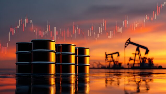 Oil Barrels and Derricks with Rising Stock Chart Against Vibrant Orange Sunset Sky for Business Concept