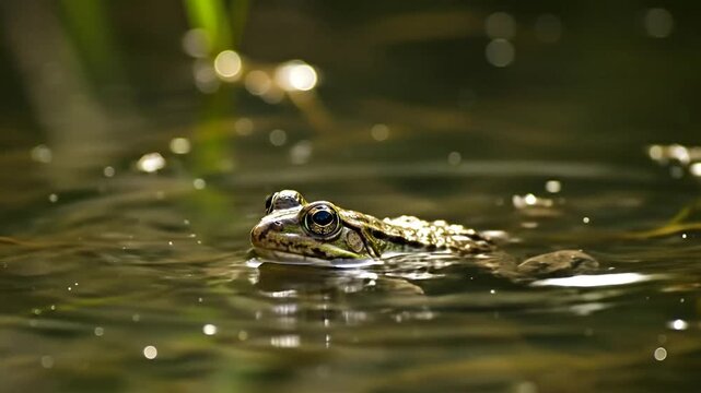 Frog floating in still water with reflective sunlight