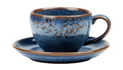 A ceramic teacup and saucer set featuring a speckled blue glaze, isolated on black