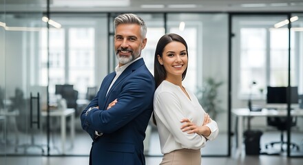 Confident business partners standing back to back in modern office space