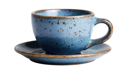 A ceramic teacup and saucer set, featuring a speckled blue glaze against a stark black background