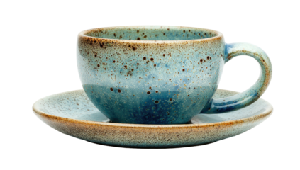 Close-up shot of an elegant, handcrafted ceramic cup and saucer, teal and brown