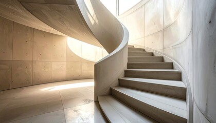 Obraz premium Minimalist White Spiral Staircase Ascending Through a Brightly Lit Interior Space With Natural Daylight Streaming In Creating Shadows and Highlights