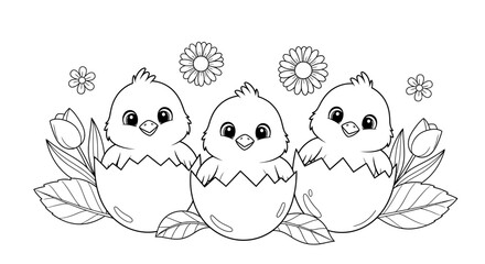 Fototapeta premium Baby Chicks Hatching from Cracked Eggs Amidst Fresh Spring Blooms and Leaves