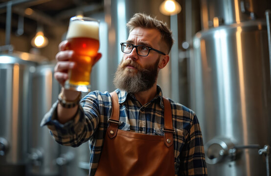 Bearded brewmaster in apron holds glass of craft beer. Inspects beverage quality in industrial brewery. Man evaluates color, clarity of golden drink in stainless steel tanks area. Pro brewer tastes