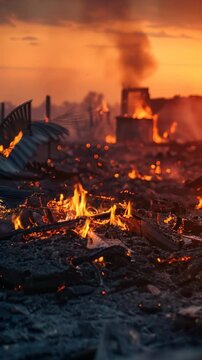 A raging fire engulfs destroyed structures, showcasing utter devastation and calamity amidst an apocalyptic scene with intense flames and smoke at dusk, reflecting total destruction 