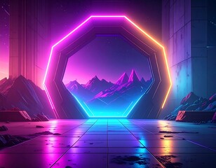Futuristic portal frames vibrant mountains under a neon night sky