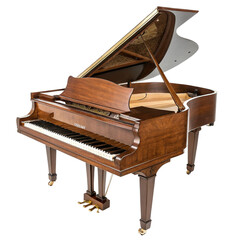 A beautiful polished wooden grand piano with its lid open, isolated on transparent background