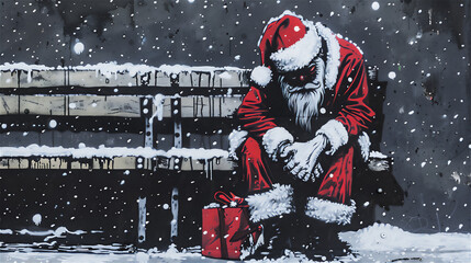 雪の中で座るサンタクロースのイラスト