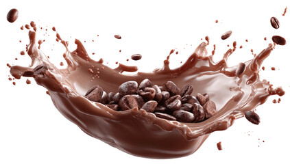 Fototapeta premium CGI image shows brown coffee beans in a splash of chocolate liquid against a black background