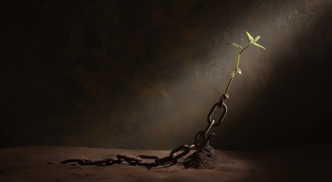A resilient plant breaks free from its chains, embodying hope and growth against the odds. ..Created with Generative AI, not depicting real subjects.