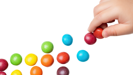 A child's hand reaches for colorful candies, isolated against a transparent black background