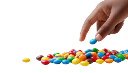 A hand reaching for a single blue candy amidst a colorful pile, set against a black background
