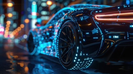 Digital Car with Binary Code Glowing Elements Futuristic Technology Design