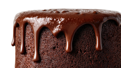 A close-up view of a chocolate cake with decadent glaze dripping down its side