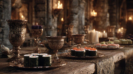 A rustic wooden table inside a medieval castle, covered with ornate goblets and sushi rolls served on silver platters, torches