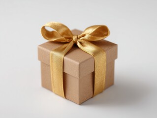 Fototapeta premium Small brown gift box tied with a golden ribbon and bow. Elegant present for a holiday or special occasion, anniversary.