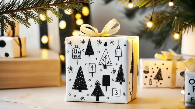 Slow motion close-up of holiday gift box with white background, black pine tree print, and twine ribbon. Minimalist Christmas packaging aesthetic, cozy and natural.