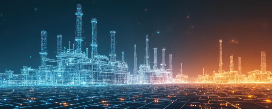 Digital wireframe industrial facility illustration displays blue, orange glowing tech plant model on detailed cyber grid network. Modern data visualization of smart factory, production, computing