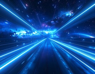 Futuristic tunnel of neon blue light leading to a starry cosmic galaxy