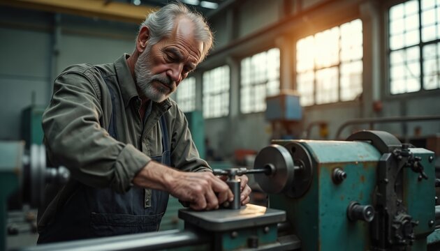 Elderly man works precisely on metal lathe machine in factory workshop. Skilled senior machinist uses industrial equipment for metalworking. Focused worker with beard operates tool with expertise.