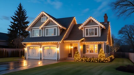 Beautiful house decorated with christmas lights at dusk during winter season 