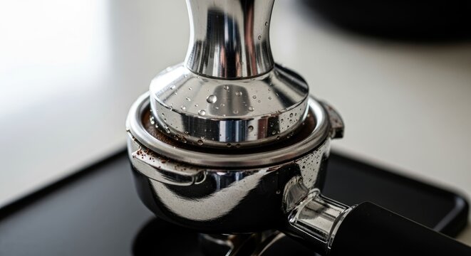 Expert barista tamping finely ground coffee in a portafilter, a crucial step in preparing rich, aromatic espresso with precision and care