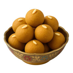Besan ladoo arranged in decorative bowl on transparent background.