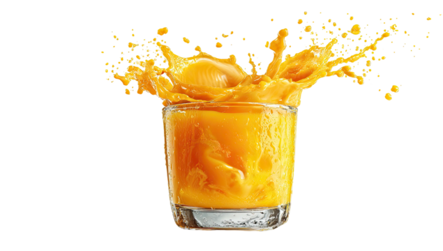 A refreshing orange liquid erupts upwards from a transparent glass on a black background - Powered by Adobe