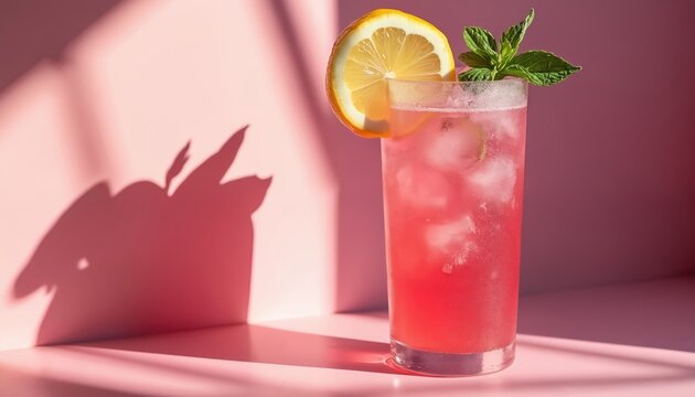 Refreshing pink lemonade with ice, lemon slice, fresh mint. Cold drink sits in tall frosty glass on pink surface. Bright sunlight creates dramatic plant shadows. Perfect beverage great for hot summer