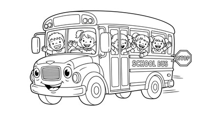 Friendly School Bus with Waving Children for Educational School Theme Coloring Sheet