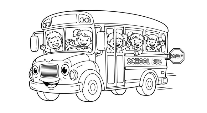 Friendly School Bus with Waving Children for Educational School Theme Coloring Sheet