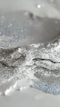 Clay texture covered with cascading silver shimmer, creating a metallic decorative effect. Luxury surface footage for packaging, backgrounds, or festive visuals.