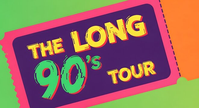 Nostalgic 90s Tour announcement with vibrant retro ticket design and playful typography for retro events and throwback parties