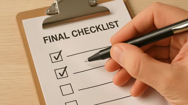 Final checklist clipboard with hand holding pen, showcasing organization and preparation for tasks, ideal for enhancing productivity and task