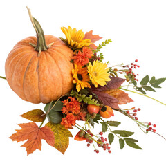Autumn arrangement with pumpkin, sunflowers, berries, and maple leaves, isolated on transparent background