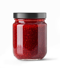 Clear Glass Jar with Strawberry Jam without label with matte Black Cap