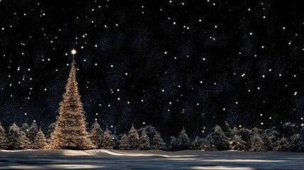Christmas tree illuminated amidst a snowy forest against a starry sky - Powered by Adobe
