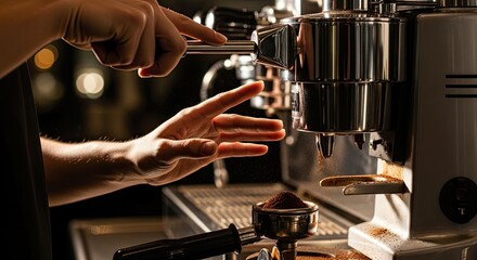 Barista preparing espresso shot using a professional coffee machine in a cafe