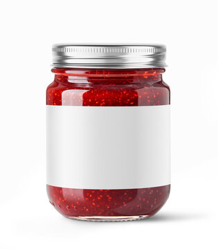Clear Glass Jar with Strawberry Jam with label with metallic cap